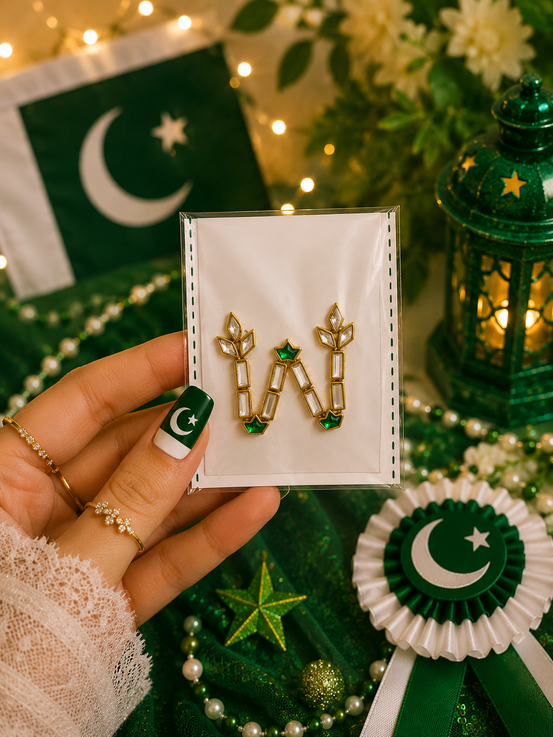 Q–Z Alphabet Kundan Flag Stickers | Green & White Initial Stickers | 14 August Special