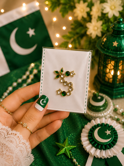 Q–Z Alphabet Kundan Flag Stickers | Green & White Initial Stickers | 14 August Special